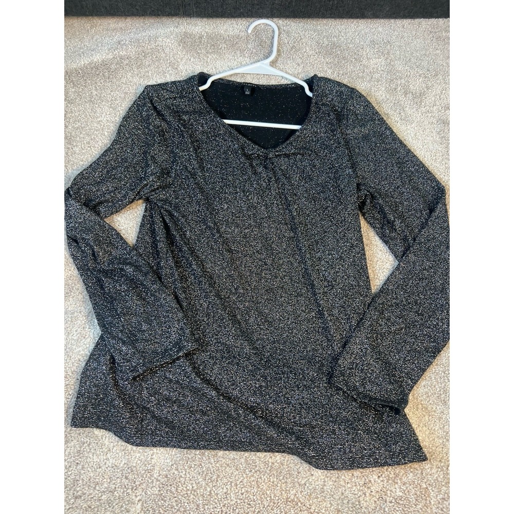 Talbots Black Knit Top Silver Flecks Shimmer Holiday Long Sleeve Size Large
